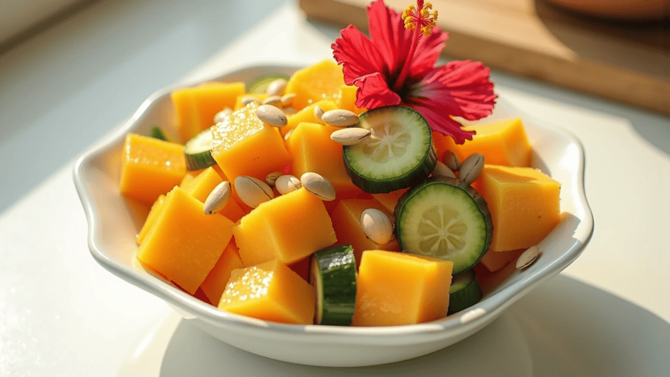 Refreshing mango cucumber salad with pumpkin seeds
