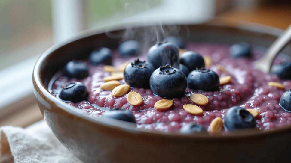 Low histamine quinoa porridge topped with wild blueberries and pumpkin seeds